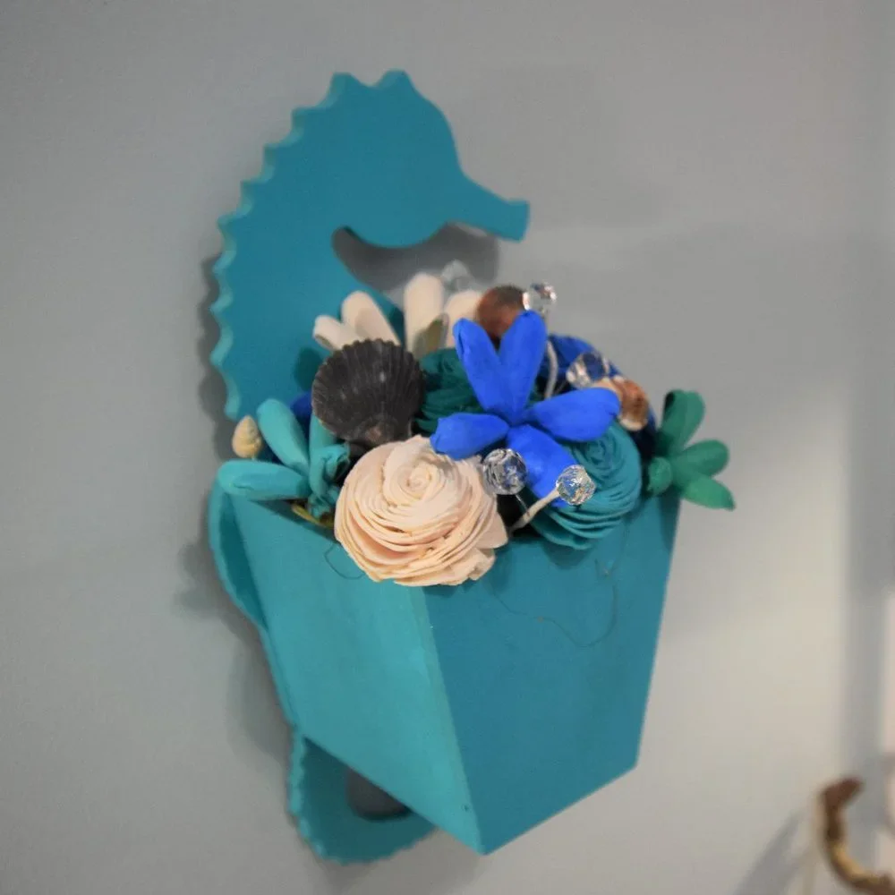 Ocean/Beach theme wall hanging seahorse planter with Sola wood flowers in ocean